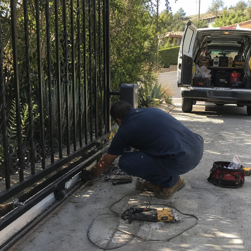 Technician performing automatic gate motor repair and maintenance