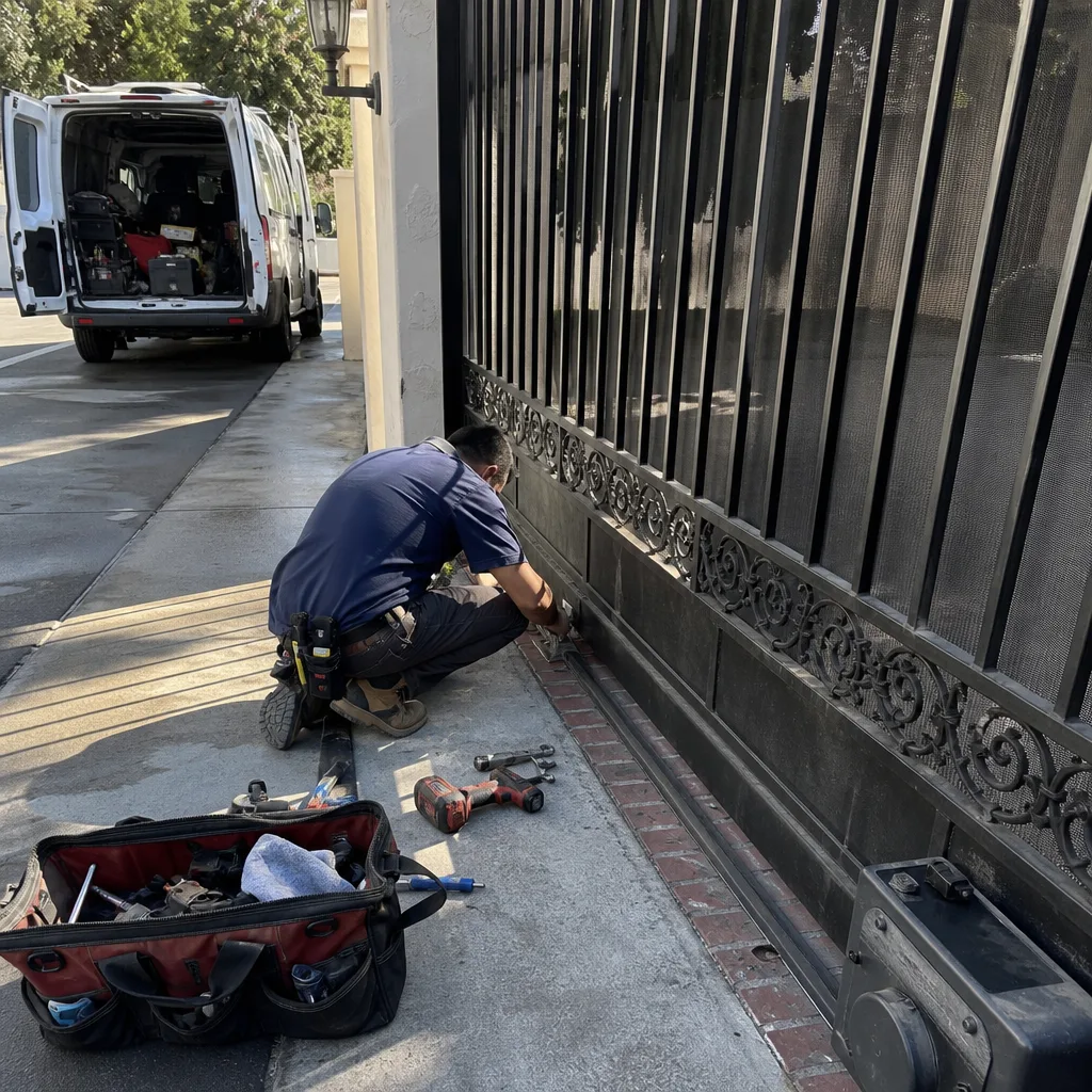 Technician performing professional gate motor repair and maintenance on metal driveway gate