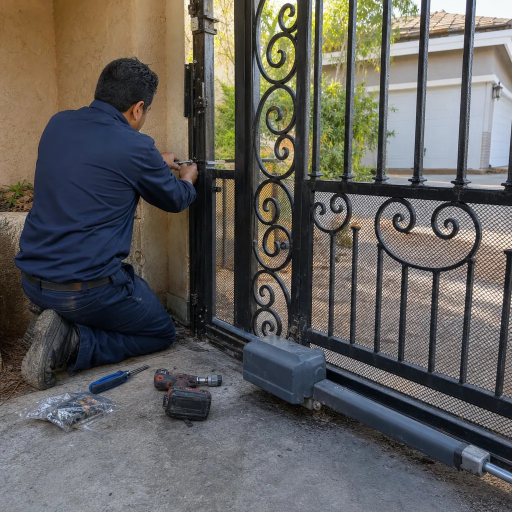 Technician performing professional gate motor repair on a metal gate