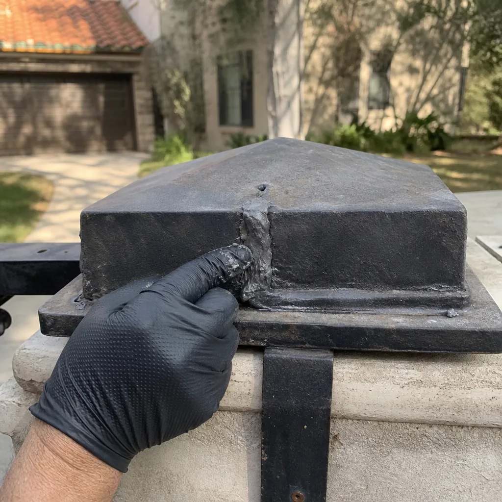 Professional technician applying sealant during a metal gate repair project.