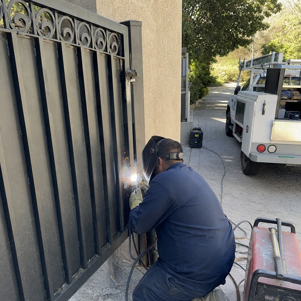 Professional welder performing residential metal gate repair