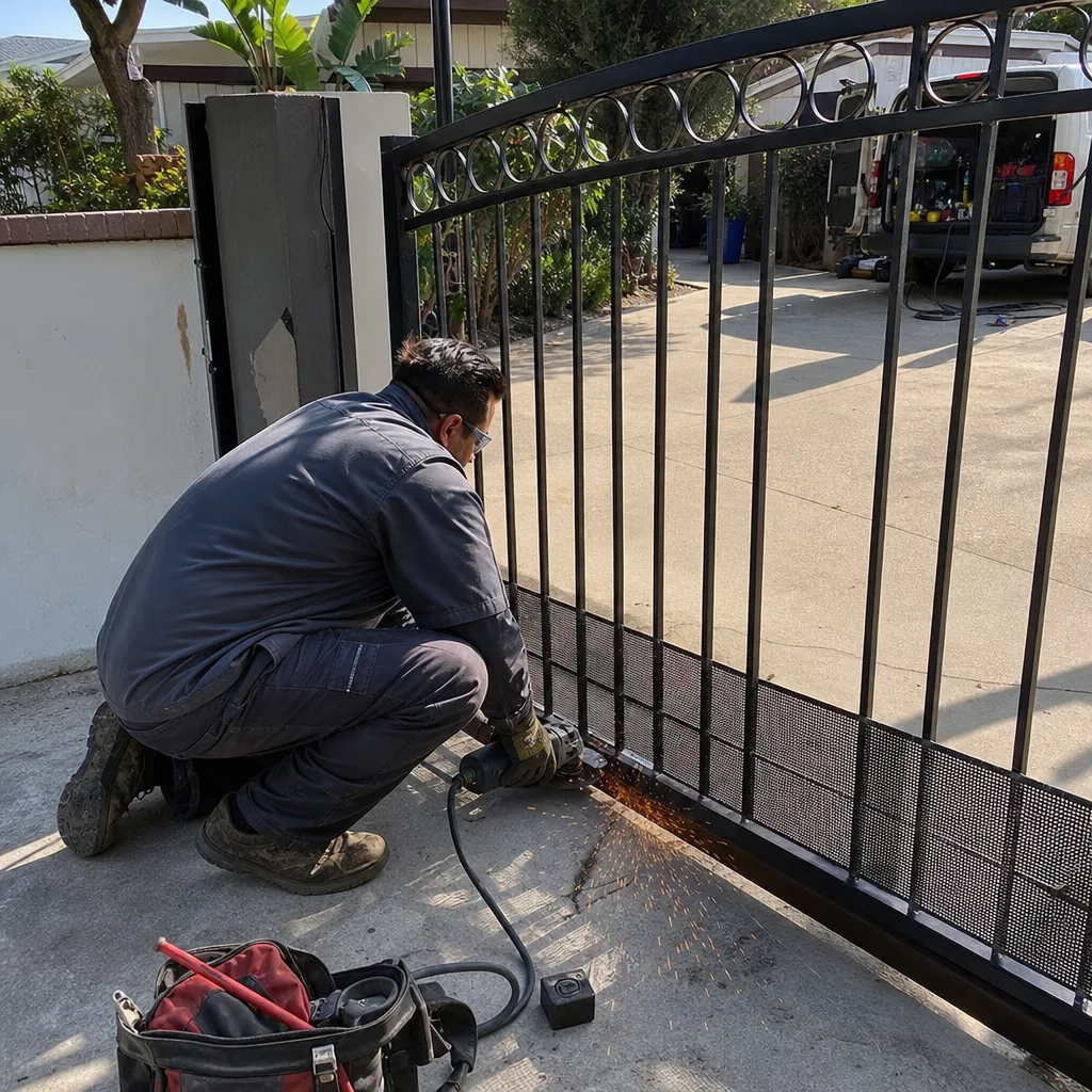 Technician using an angle grinder to perform professional metal gate repair